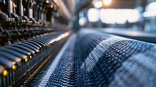 An automated textile machine operates as blue-and-white mesh fabric moves through its mechanism in a bright and spacious weaving mill