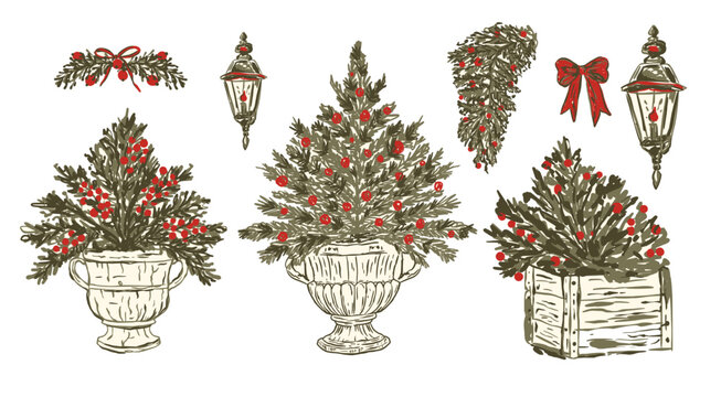 Vintage Christmas Sketch Elements Set Potted Fir Trees Planters Street Lanterns Garland Bows Winter New Year Holiday Clipart Vector