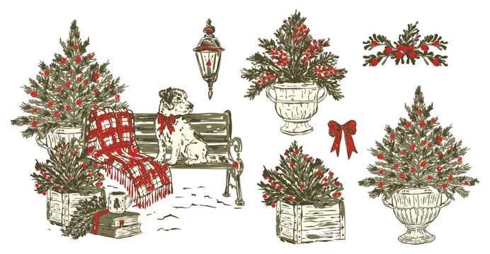 Christmas Whimsical Sketch Clipart Set Dog Bench Plaid Blanket Potted Trees Lantern Bows Winter New Year Holiday Vintage Vector
