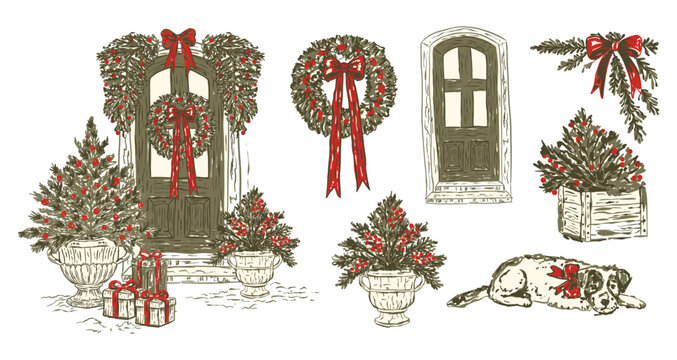 Christmas Front Door Wreath Vintage Sketch Elements Set Porch Decor Potted Trees Gifts Garland Dog New Year Holiday Clipart Vector