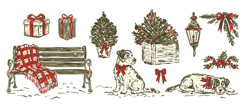 Vintage Sketch Christmas Clipart Set Gift Boxes Bench Plaid Blanket Puppy Dogs Topiary Lantern Planter Garland Winter Holiday Vector