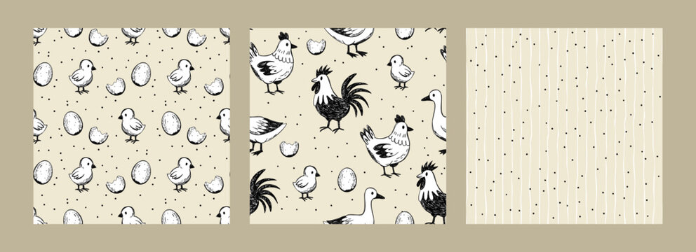Chicken Seamless Pattern Set Chicks Hen Rooster Eggs Farm Easter Rustic Sketch Textile Wallpaper Vector Background