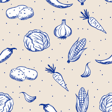 Vegetables Seamless Pattern Farm Market Blue Sketch Cabbage Carrot Corn Garlic Potato Kitchen Textile Wallpaper Vector Background