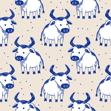 Cute Cow Bull Seamless Pattern Farm Animal Blue Sketch Livestock Doodle Textile Wallpaper Vector Background