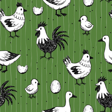 Farm Poultry Seamless Pattern Chicken Rooster Hen Chick Goose Eggs Rustic Sketch Green Textile Wallpaper Vector Background