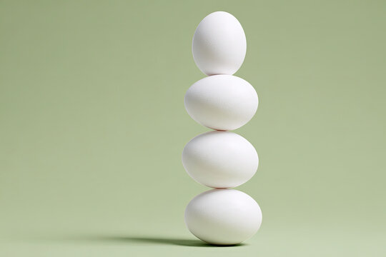Five white eggs are balanced in a high stoke on a pastel green background