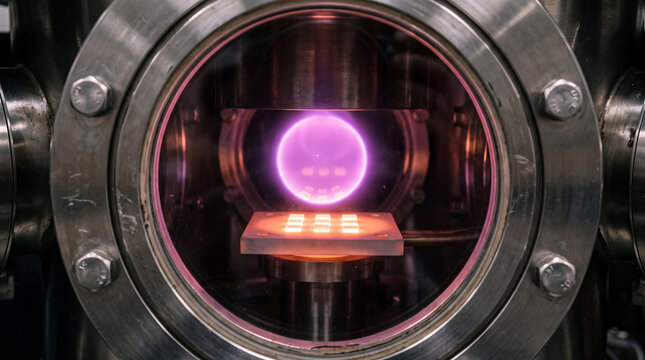 Laboratory reactor growing diamonds using chemical vapor deposition with violet plasma over seed plates.