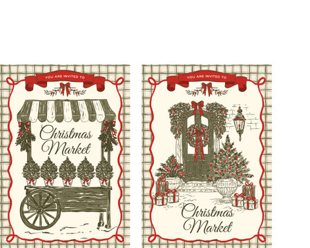 Christmas Market Invitation Vintage Sketch Poster Set Stall Cart Door Wreath Plaid Frame Holiday Fair Flyer Banner Vector