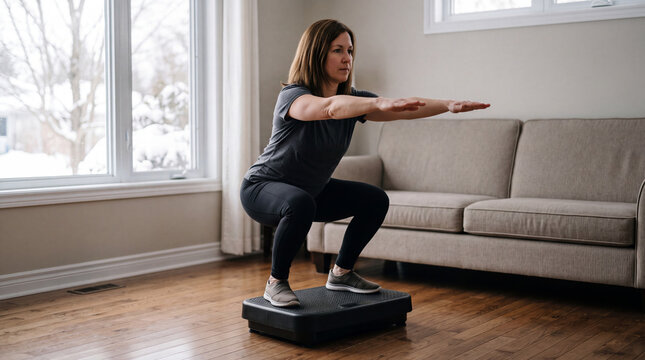 Woman performing a squat exercise on a flat vibration plate machine in her living room.