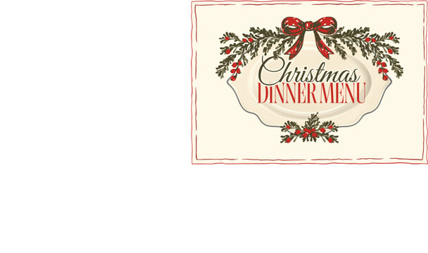 Christmas Dinner Menu Vintage Sketch Card Fir Branches Bow Plate Frame Holiday Party Invitation Banner Template Vector