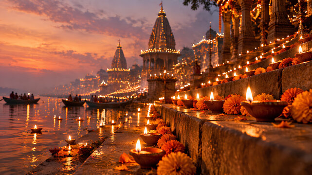 Rows of Lit Clay Lamps and Fresh Flowers Adorning River Ghat Steps During Dev Deepawali Celebration in Varanasi at Sunset