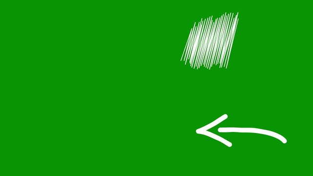 great collection of white doodle animations on pure green screen, displaying mountain landscape, thick scribble texture patch, tropical palm tree island, and straight left arrow.