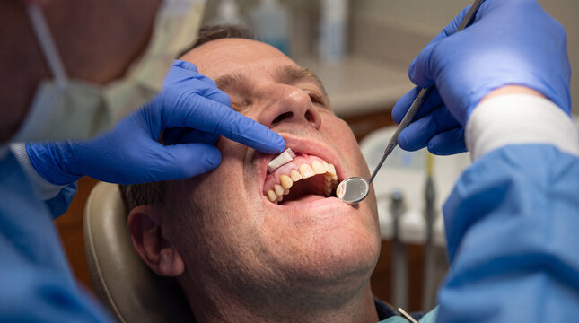 Dentist examining a patient with a white nicotine pouch tucked under the upper lip during a dental checkup