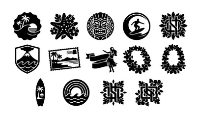 Hawaiian icons set with surf, volcano, tiki and lei for travel and leisure © Jesmin