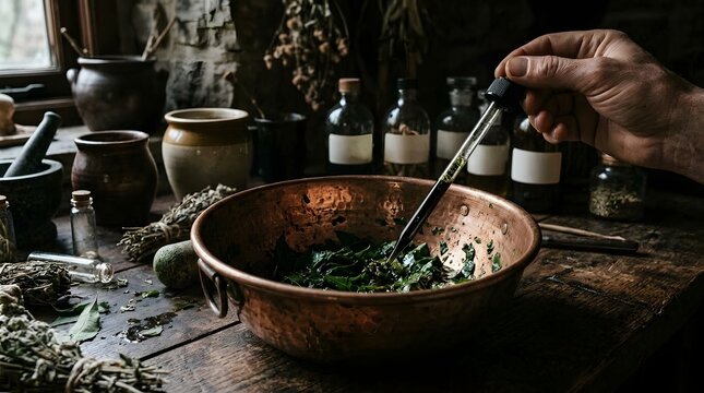 Copper bowl with green herbs prepared by a hand holding glass pipette for herbal remedy.
