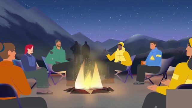 Friends camping together around bright campfire at night in mountains vector footage animation