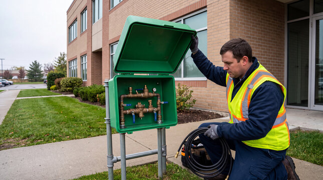 Technician in high-visibility vest inspecting a backflow preventer assembly outside a commercial building