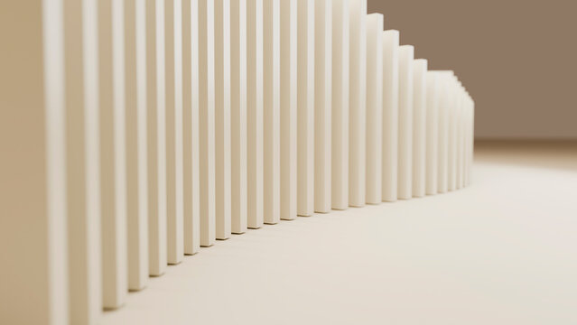 Row of beige dominoes standing in curved line