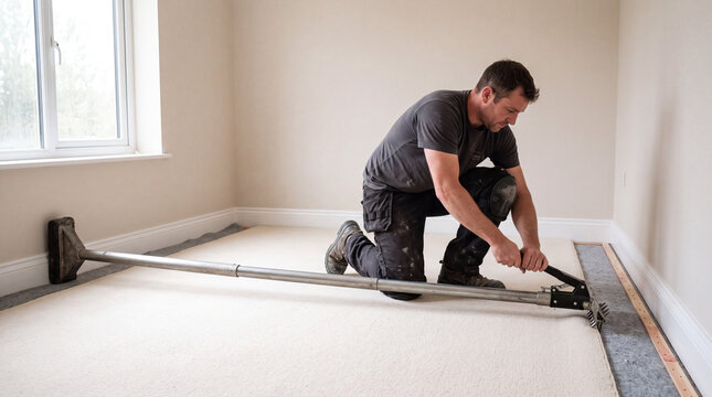 Carpet fitter using a power stretcher to install a cream carpet in a residential bedroom