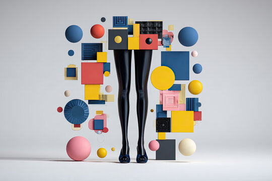 abstract surreal fashion concept, funny contemporary art. Colorful geometric objects and black legs isolated on white background. Modern minimal sculpture 