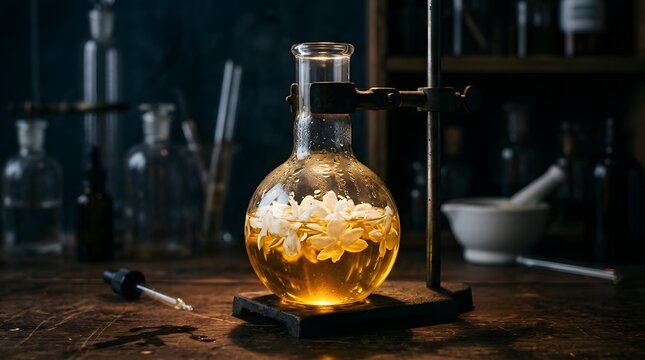 White jasmine flowers steeping in round glass flask during traditional botanical infusion.