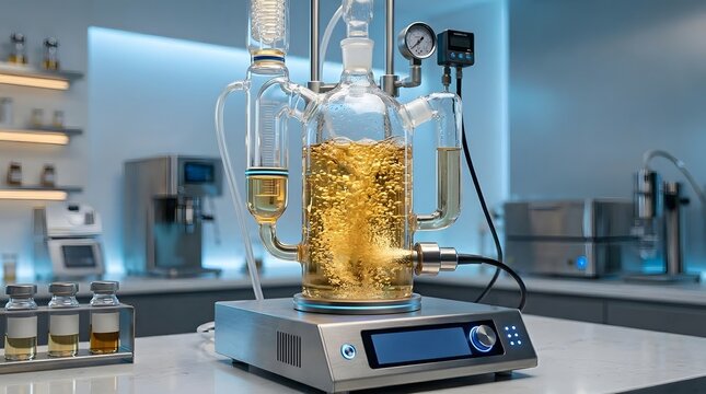 Scientific glass extraction apparatus with golden liquid boiling on modern heating plate.