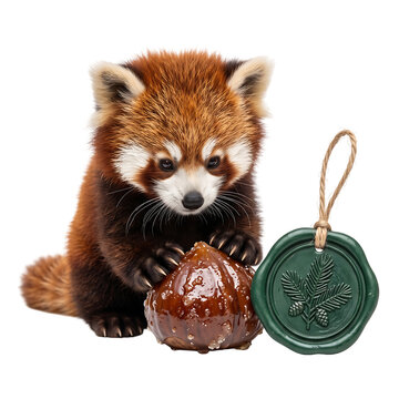 Red panda holding chocolate treat with holiday wax seal tag