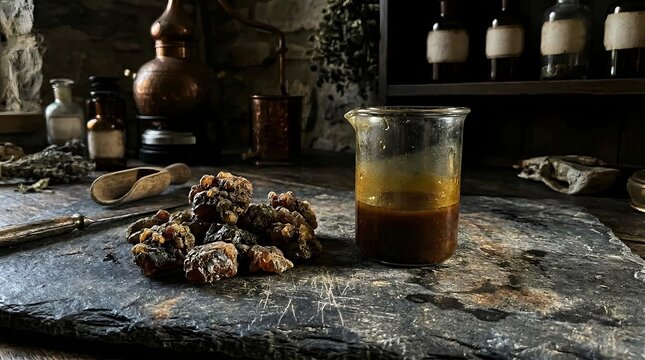 Natural resin pieces on slate stone next to beaker with dark brown medicinal plant extract.