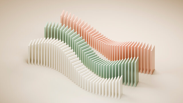 Abstract arrangement of falling pastel-colored dominoes in curved rows