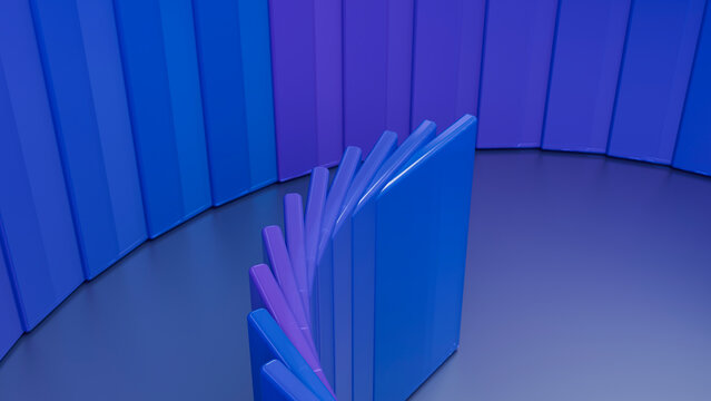 Curved falling domino tiles in blue and purple colors