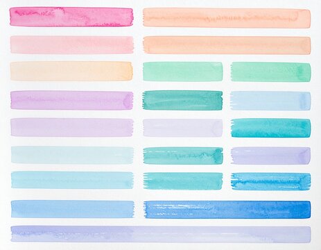 Set of twenty four pastel watercolour brush strokes on white, hand painted banner shapes