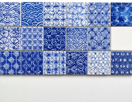 Indigo blue Japanese pattern tiles on a white wall with large copy space below