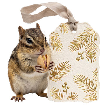 Chipmunk holding acorn next to holiday gift tag with pine branch design for Christmas celebration