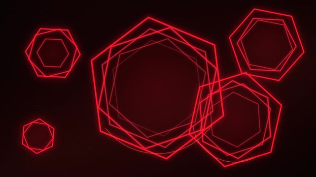 Futuristic red glowing hexagons moving dynamically with smooth particle background and glowing trails, 8 seconds loop at 1080p resolution.
