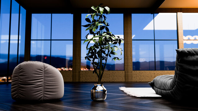 Indoor plant in reflective pot on dark wooden floor of modern room