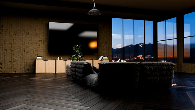 Modern living room with mountain sunset view and black sectional sofa