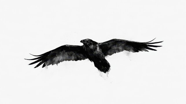 Monochrome watercolor crow in flight, front-facing illustration