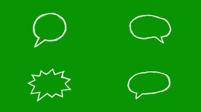 Creative white sketch elements on chromkey green screen, highlighting useful collection of four unique hand-drawn speech bubbles, including an awesome jagged starburst explosion shape.