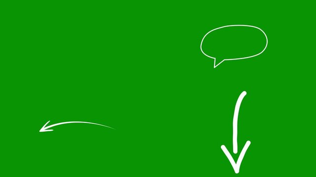 White hand-drawn doodle items on green screen. This asset contains solid filled cloud thought bubble, standard oval speech bubble, thin sweeping curved arrow, and one down arrow art.