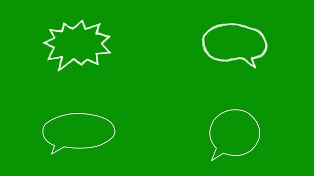 White doodle graphics laid against pure green screen. This video features an awesome jagged starburst explosion bubble, and three unique hand-drawn round or oval speech bubbles for editors.