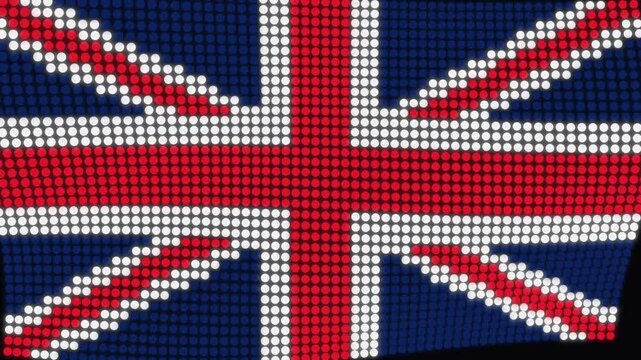 3D dot matrix grid animation waving like the Union Jack flag of the United Kingdom with realistic lighting and depth