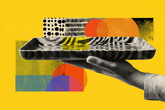 Hand with tray on yellow background. Art collage digital pop modern art.
