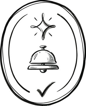 Hand drawn vector illustration featuring a service bell inside an oval frame with checkmark and sparkles