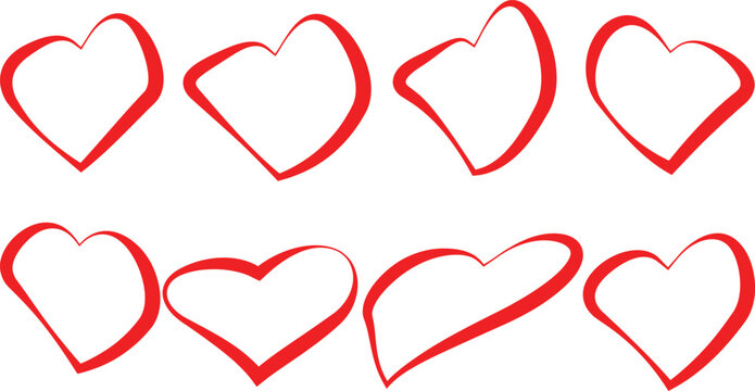 Hand drawn Red Heart love romance icon set. emotion affection feeling passion care symbols vector.
