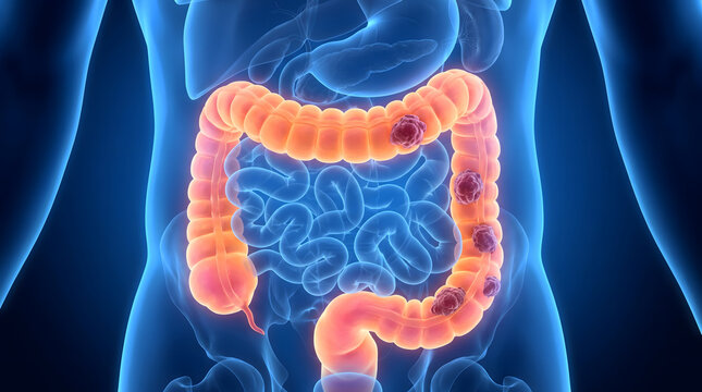 A detailed 3D medical illustration showing human colon cancer with malignant tumors located in the large intestine. This anatomical visualization is designed for gastroenterology, oncology research...