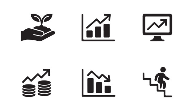 Financial success and market analysis icons featuring growing plants bar graphs and climb stair.
