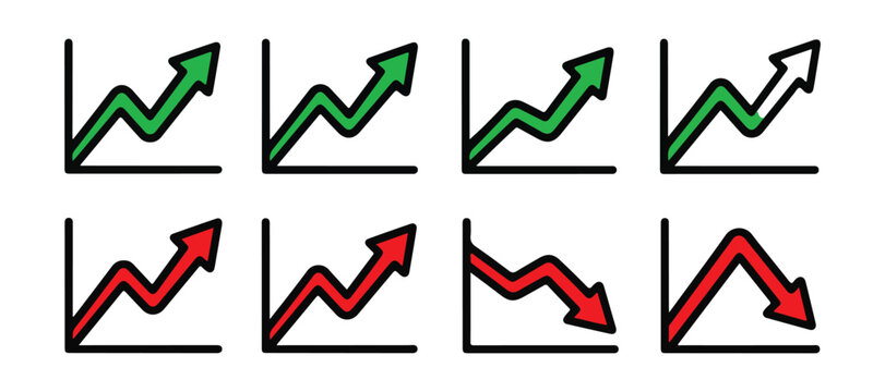 Business growth and decline line charts showing upward green trends and downward red arrows.