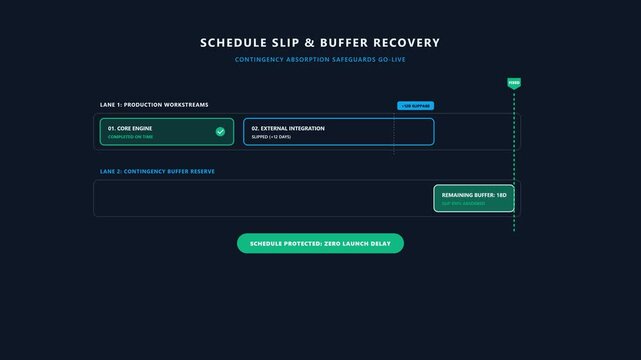 Delay recovery animation absorbing project schedule slip with buffer
