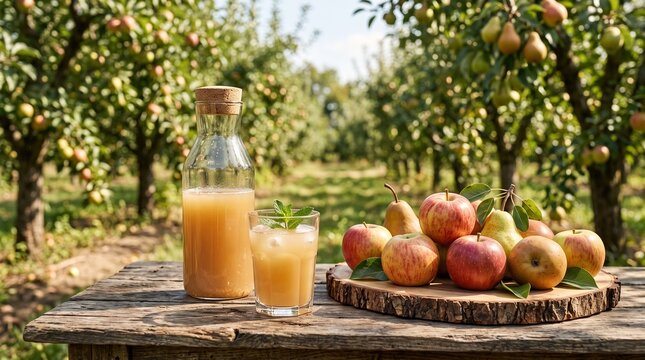 Apple pear orchard juice in a glass, no people, naturally cloudy.