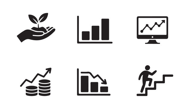 Economic progress and business development icons with growing charts money stacks and climb step.